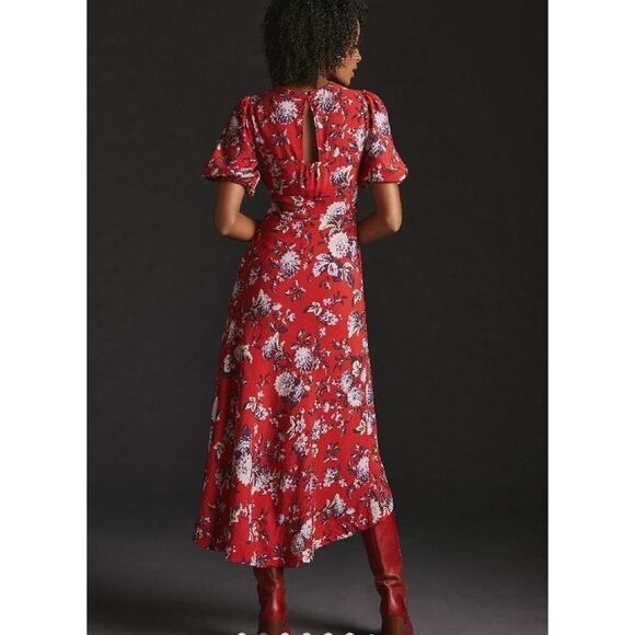 Anthropologie Maeve red floral puff sleeve maxi dress size 4 NWT - Picture 3 of 15